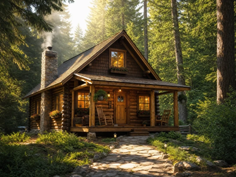 The Forest Edge cabin with expansive deck and integrated hot tub in Pacific Northwest setting
