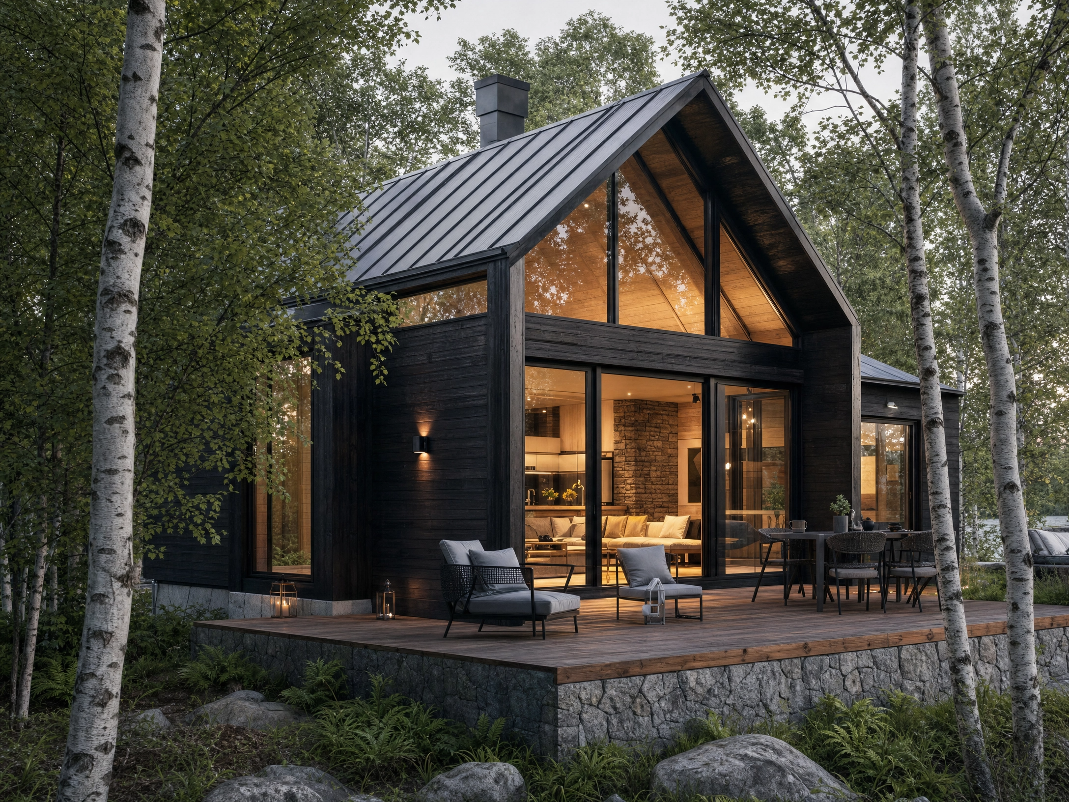 Premium custom log cabin nestled in an alpine forest at golden hour