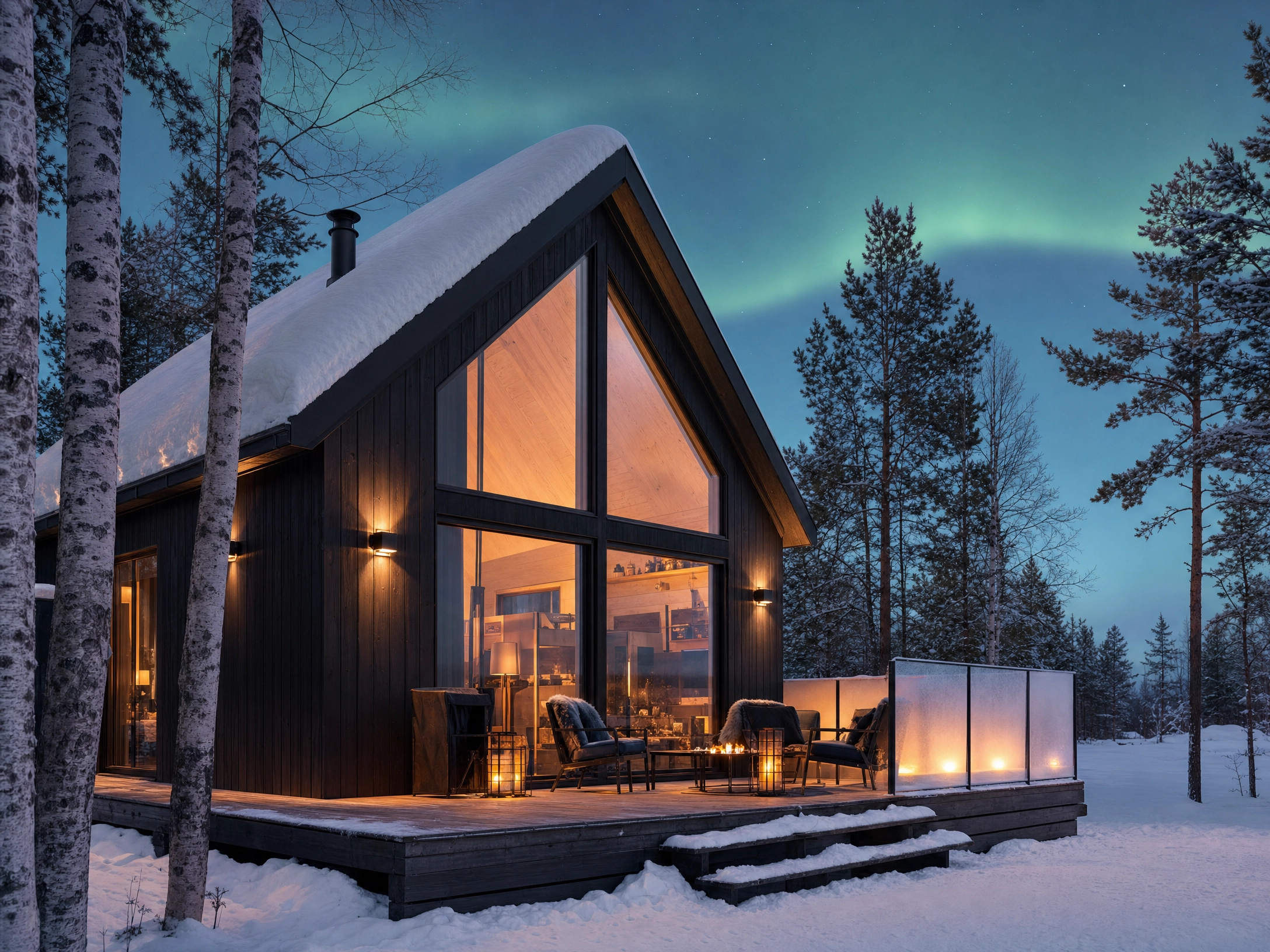 Semi-transparent poster of the Horizon Cabin overlooking a dramatic mountain landscape at dusk