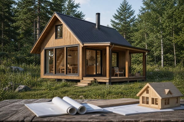 A modern small wooden cabin nestled in a serene natural landscape, with large windows showcasing an open interior floor plan.
