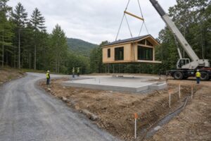 A modern prefabricated wooden house is being assembled on a prepared site, with a concrete foundation, utility trenches, and construction equipment.