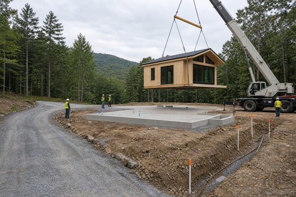 A modern prefabricated wooden house is being assembled on a prepared site, with a concrete foundation, utility trenches, and construction equipment.