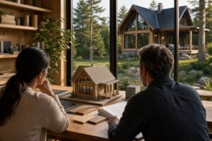 A custom log cabin nestled in a natural setting, showcasing the beauty and craftsmanship of timber frame construction.