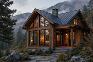 A luxurious custom log cabin nestled in a scenic mountain environment, bathed in warm sunset light, showcasing its unique architectural details and harmonious integration with nature.