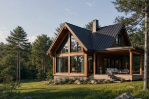 Modern custom log cabin in a forest setting