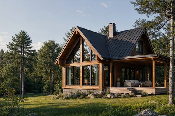 Modern custom log cabin in a forest setting