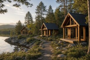 A modern prefab timber cabin nestled in a natural glamping resort setting, illustrating sustainable and efficient construction.