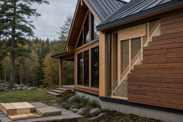 A photorealistic image of a modern timber cabin with a blend of solid log and insulated panel wall systems, showcasing both rustic charm and contemporary efficiency. The cabin is nestled in a serene natural environment with a clear sky.