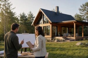 A modern prefabricated wooden cabin nestled in a serene natural landscape, surrounded by trees and a clear sky, emphasizing sustainable living and architectural design.