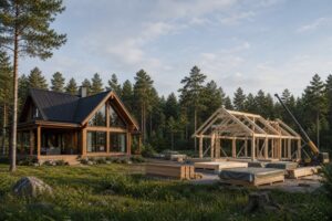 A modern prefabricated log cabin nestled in a scenic, natural landscape, contrasting with a traditional log cabin under construction in a different setting, highlighting the differences in build methods.
