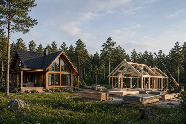 A modern prefabricated log cabin nestled in a scenic, natural landscape, contrasting with a traditional log cabin under construction in a different setting, highlighting the differences in build methods.
