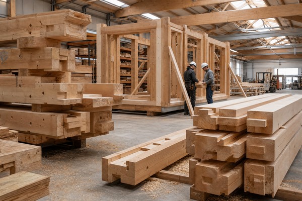 Custom log cabin under construction in a Chinese factory, showing precision timber work.
