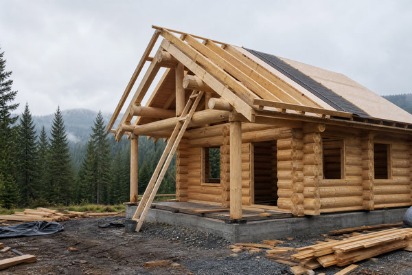 Timber cabin under construction with log walls and roof framing in a forest clearing