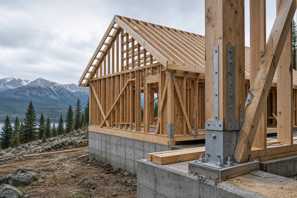 Timber cabin frame with structural bracing and foundation connection details