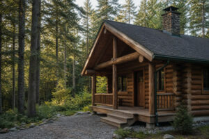 Well-maintained log cabin with protected roof edges and clear ground drainage