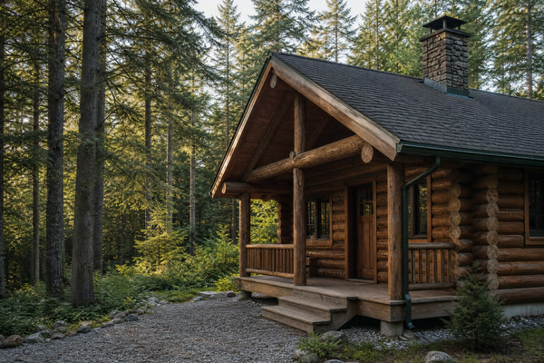 Well-maintained log cabin with protected roof edges and clear ground drainage