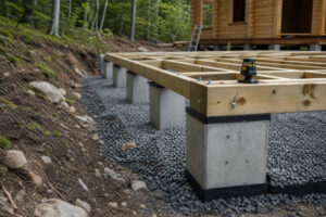 Concrete pier and timber sill foundation detail for a log cabin on a sloped site