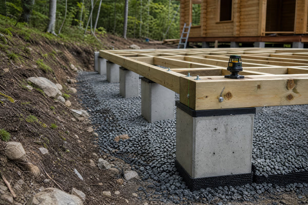Concrete pier and timber sill foundation detail for a log cabin on a sloped site