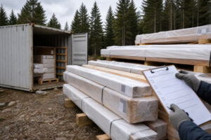 Protected timber cabin components inspected beside an open shipping container