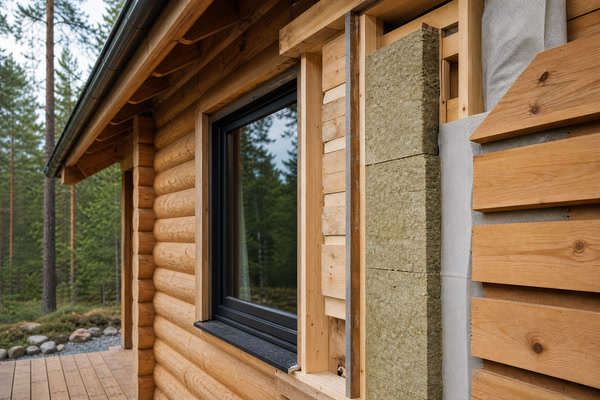 Timber cabin wall and window junction showing insulation and weather-control layers