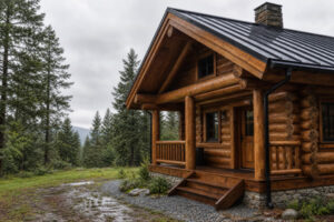 Log cabin exterior after rain with roof overhangs gutters and gravel drainage