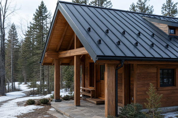 Timber cabin standing-seam roof with deep eaves gutters and snow guards