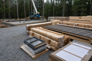 Organized timber cabin components and roof panels staged beside a prepared site