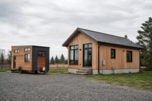 Prefab timber cabin on a foundation beside a road-ready tiny home on a trailer