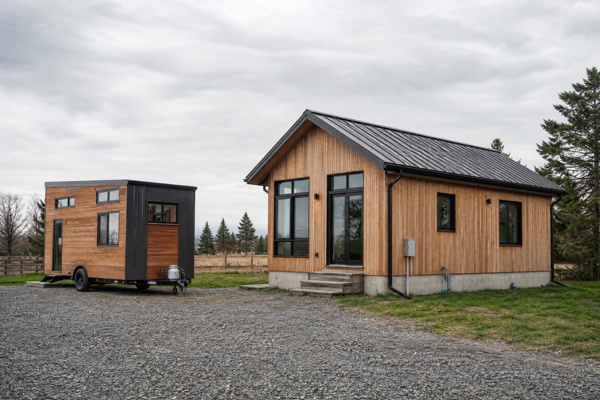 Prefab timber cabin on a foundation beside a road-ready tiny home on a trailer