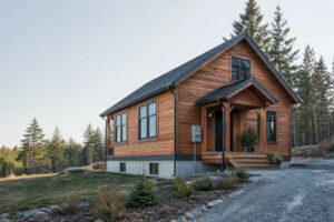 Prefab timber cabin on a permanent concrete foundation with practical site services