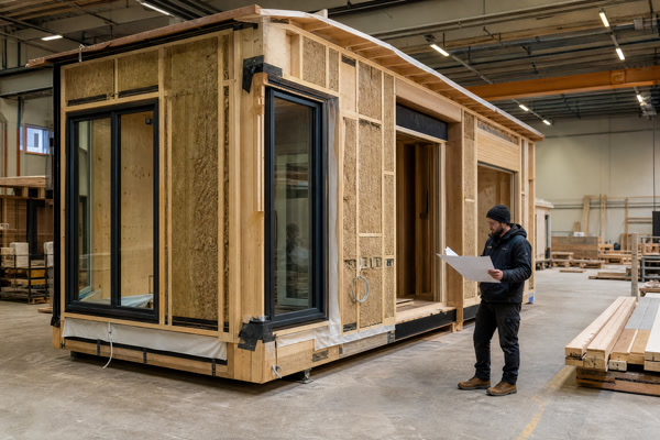 Timber modular cabin unit under inspection in a working factory