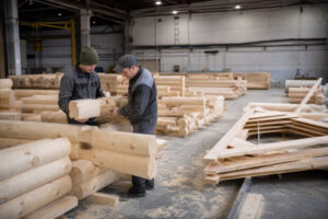 Factory workers checking pre-cut log cabin components and corner joints