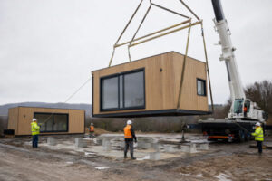 Volumetric timber cabin module lifted by crane onto a prepared site