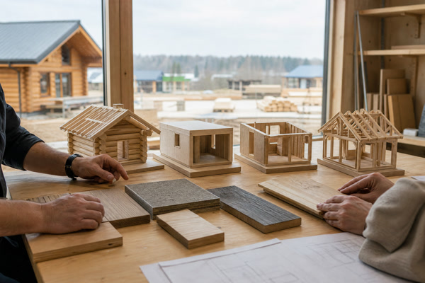 Project team reviewing timber cabin construction models and material samples