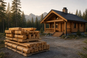 Finished timber cabin beside neatly protected pre-cut cabin components