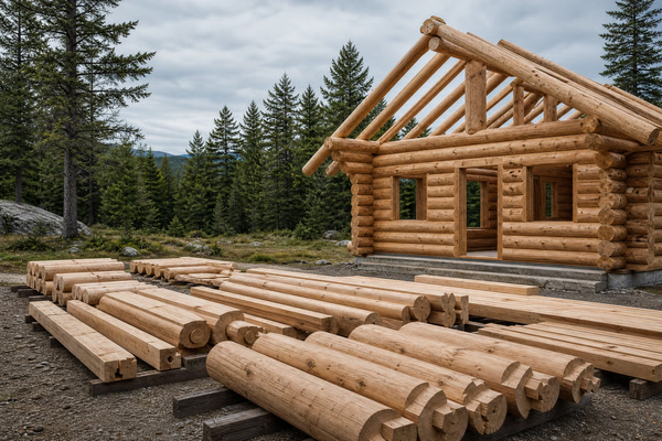 Pre-cut timber components beside a partially assembled log cabin