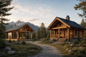Log cabin and timber-frame cabin in a mountain forest setting