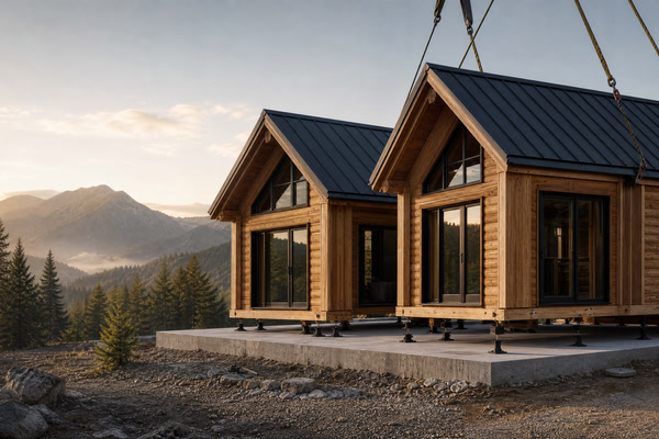 Contemporary timber cabin modules being aligned on a prepared foundation