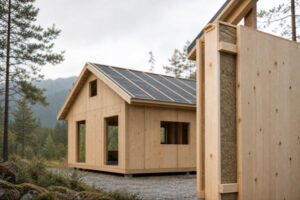 Panelized timber cabin wall detail and partially assembled cabin in woodland