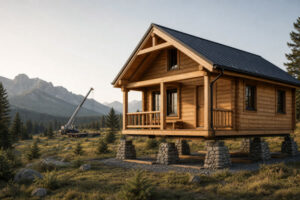 Factory-built timber cabin on an elevated foundation in a mountain meadow