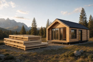 Flat-packed timber wall panels beside a completed modular timber cabin