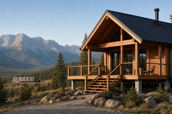 Contemporary prefab timber cabin in a mountain landscape