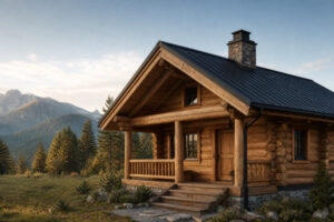 Contemporary log cabin in an alpine woodland at golden hour