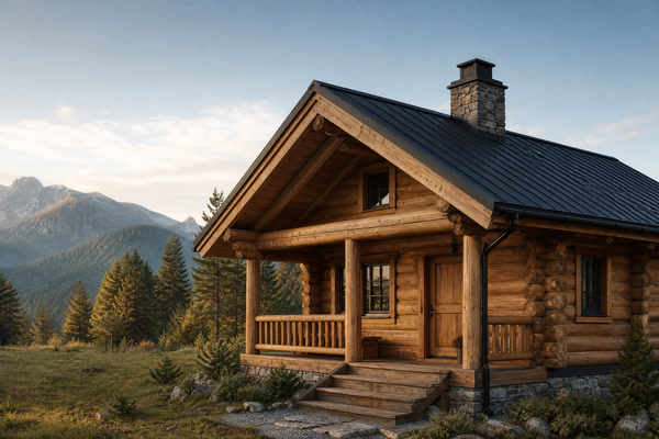 Contemporary log cabin in an alpine woodland at golden hour